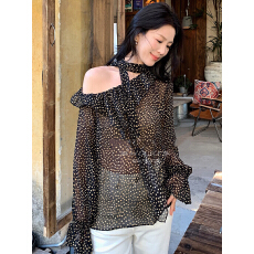 批发性感甜美 <b class='q'>韩国</b>Chic波点<b class='q'>雪纺上衣</b> 木耳边飘带透视宽松韩版雪纺衬衫