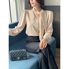 批发优雅知性 <b class='q'>韩国</b>chic时尚长袖<b class='q'>雪纺上衣</b> 飘带V领纯色韩版雪纺衬衫