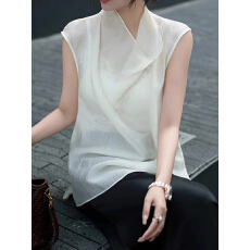 批发淑女气质 <b class='q'>韩国</b>欧根纱无袖<b class='q'>雪纺上衣</b> 堆堆领薄款背心韩版雪衫