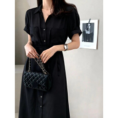 批发优美<b class='q'>时尚</b> 韩国Chic短袖衬衫连衣长裙 宽松系带单排扣韩版连衣裙