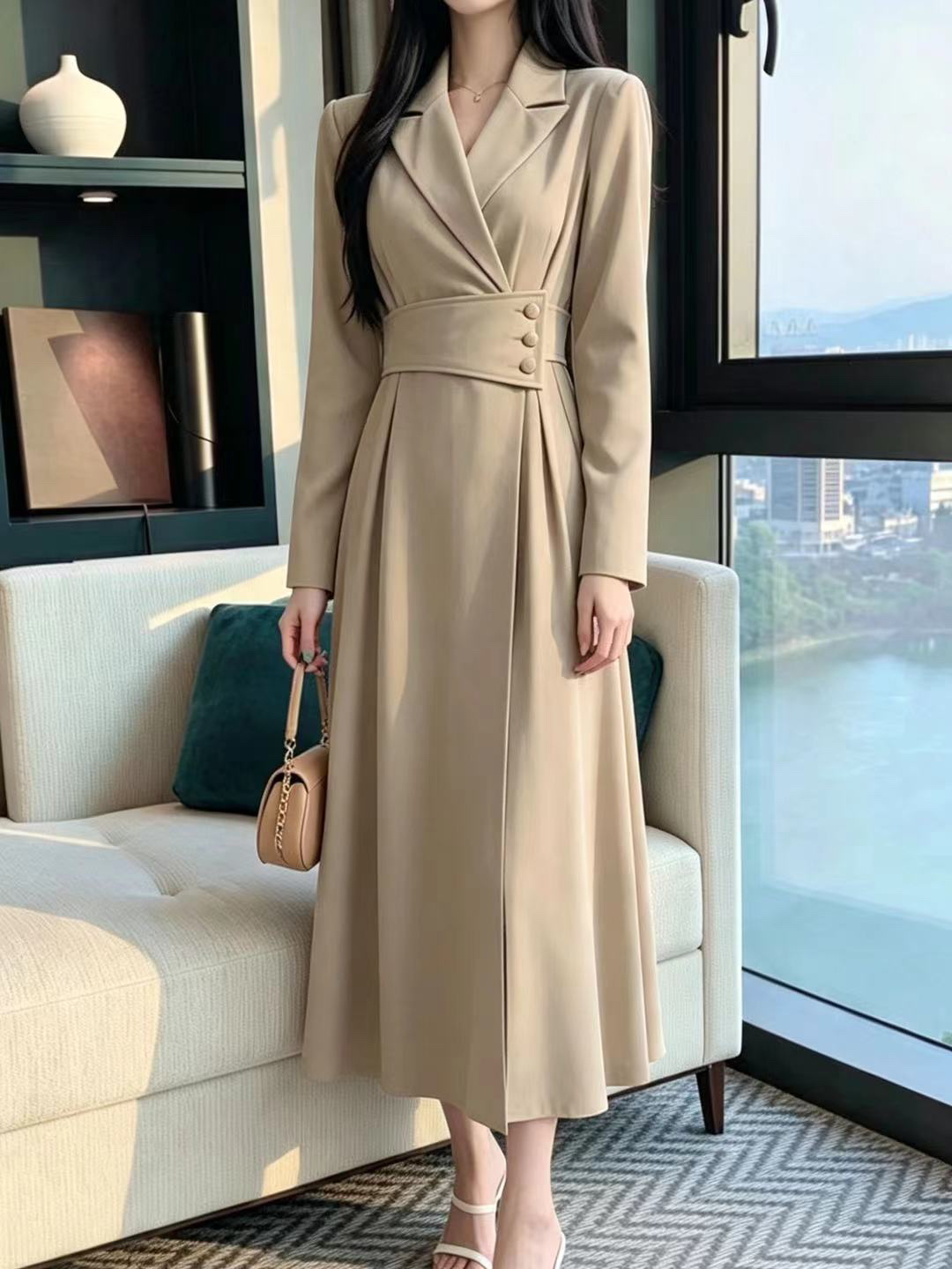 BY32242# 优美绝伦韩国Chic修身长袖衬衫式连衣长裙时尚收腰韩版连衣裙 服裝批發女裝批發服飾貨源