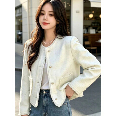 批发甜美淑女 韩国<b class='q'>时尚</b>粗花呢毛边长袖小香风开衫夹克外套 韩版外套