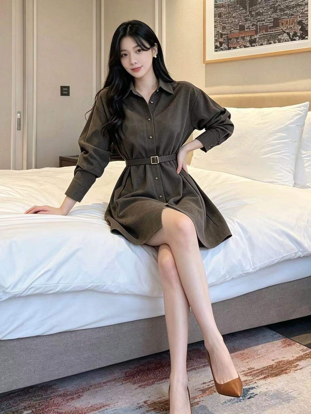 BY32238# 淑女气质韩国时尚灯芯绒修身系带长袖连衣裙子韩版连衣裙 服裝批發女裝批發服飾貨源