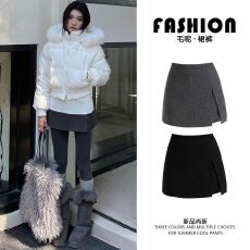 批发灰色毛呢半身裙裤女春秋2026新款高腰显瘦a字辣妹防走光包臀<b class='q'>短</b>裙