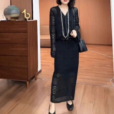 批发黑色针织套装女2025秋季新款镂空提花精致大码上衣半身裙两件套潮