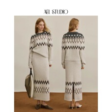 批发圆领费尔岛毛衣套装裙女2025秋冬棉羊毛针织开叉半裙两件套