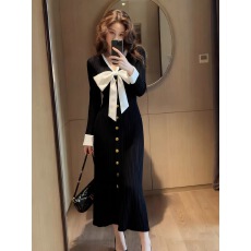 批发轻熟法式收腰气质打底内搭黑色针织<b class='q'>连衣裙</b>女秋