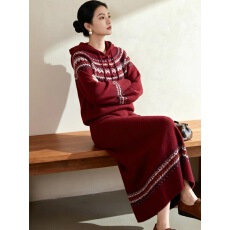 批发新中式国风红色费尔岛连帽盘扣毛衣<b class='q'>套装</b>25秋冬新款