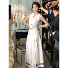 批发度假风针织Polo领无袖上衣+气质百褶长裙套装