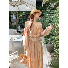 批发Acaine普罗旺斯<b class='q'>夏</b>日/彩色条纹蕾丝套装女<b class='q'>夏</b>季度假风小众两件套