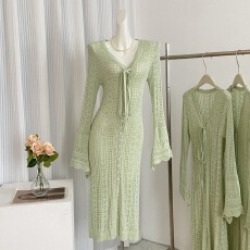 批发明星同款绿色v领针织开衫上衣女薄款中长款防晒外套空调衫