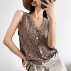批发夏季薄款镂空针织开衫无袖V领背心上衣女复古钩花<b class='q'>马甲</b>