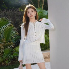 批发千金名媛法式小香风套装镂空针织长袖上衣短裙白色两件套女秋新款