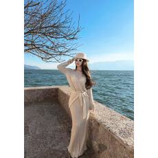 批发法式时尚镂空设计杏色套装女喇叭长袖<b class='q'>上衣</b>可调节披肩半身裙三件套