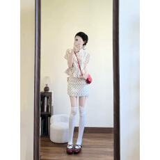 批发法式千金风<b class='q'>波点</b>旗袍上衣短裙套装女设计感短袖<b class='q'>衬衫</b>半身裙夏季新款