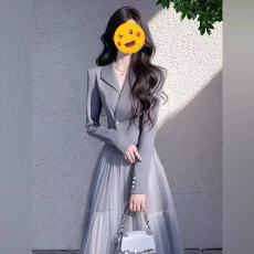 批发2025年秋季轻奢高级感气质名媛小香风灰色西装外套网纱半身裙套装