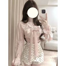 批发法式精致氛围感套装裙蝴蝶结V领<b class='q'>衬衫</b>上衣<b class='q'>波点</b>高腰百搭短裤两件套