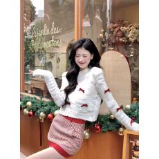 批发甜辣妹圣诞新年穿搭蝴蝶结白色毛衣套头针织上衣红色格子<b class='q'>半裙</b>套装
