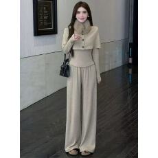 批发优雅通勤风套装女秋冬季款披肩斗篷毛领围脖收腰上衣阔腿裤两件套