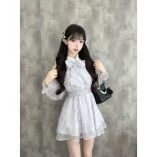 批发露肩蝴蝶结收腰甜美复古气质长袖<b class='q'>衬衫</b>连衣裙<b class='q'>碎花</b>女千金巨好看春秋