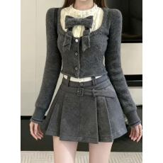 批发钉珠蝴蝶结甜辣短款上衣女秋<b class='q'>冬</b>韩版撞色毛呢短裙子超火减龄套装裙