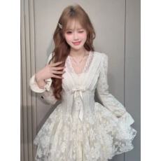 批发法式小资收腰蕾丝<b class='q'>连衣裙</b>女秋冬高级感轻奢公主千金生日蓬蓬短裙子