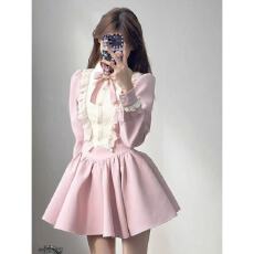 法式设计感复古纯欲甜美粉色连衣裙女秋季富家千金收腰蓬蓬短裙子