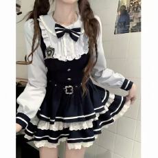 批发学院风<b class='q'>黑白</b><b class='q'>连衣裙</b>女蝴蝶结荷叶边背带裙甜美制服裙两件收腰蝴蝶结