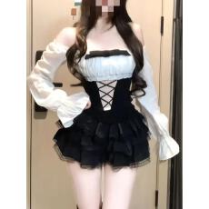 批发2026早春法式纯欲辣妹设计感撞色一字肩上衣女高腰显瘦<b class='q'>蓬蓬</b><b class='q'>裙套装</b>