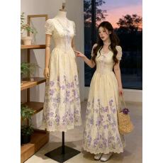 批发法式V领镂空收腰短袖碎花连衣裙女夏季胖mm显瘦气质绝美长裙