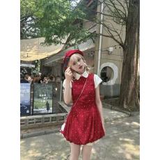 批发多巴胺红色波点假两件泡芙连衣裙女夏季新款收腰显瘦甜美娃娃裙