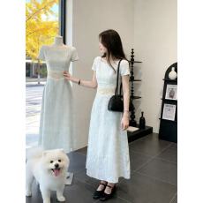 批发法式蕾丝拼接条纹短袖<b class='q'>连衣裙</b>女2026夏季新款收腰显瘦设计感中<b class='q'>长裙</b>