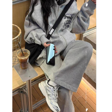 批发美式复古<b class='q'>运动服</b>套装女秋冬新款灰色宽松<b class='q'>大码</b>卫衣阔腿裤两件套跑步