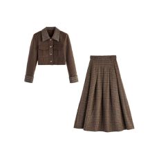 批发复古运动套装女早秋季高级感小香风短外套学院风连衣裙休闲两件套