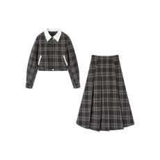 批发韩系学院风长袖翻领拼接格子连衣裙子秋冬新款时尚女装套装长裙潮