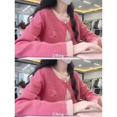 批发【绵羊绒】韩系甜美撞色<b class='q'>假两件</b>针织开衫女秋冬百搭毛衣女外套潮