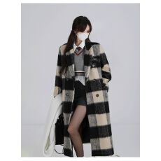 批发黑白格子大衣女中长款2025秋<b class='q'>冬</b>新款韩系赫本风小个子夹棉毛呢外套