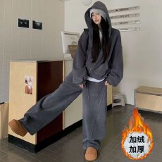 批发oversize双面绒加厚卫衣套装女秋<b class='q'>冬</b>季高级松弛感休闲阔腿裤两件套