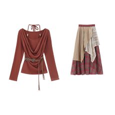 批发旅游穿搭套装女挂脖一字肩长袖T恤早<b class='q'>秋</b>季假两件格子半身裙两件套