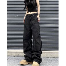 批发美式复古解构拼接弯刀牛仔裤男女款宽松阔腿分割镰刀垂感裤子新款