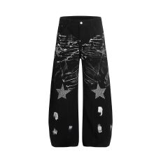 批发美式高街复古设计感泼墨印花牛仔裤男女潮牌时尚宽松痞帅阔腿裤