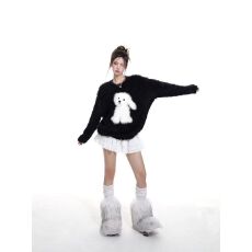 批发秋冬小众设计可爱小狗纹仿貂毛圆领毛衣<b class='q'>男</b>女简约慵懒宽松<b class='q'>针织衫</b>