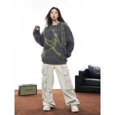 批发2025美式潮牌设计感提花圆领情侣毛衣宽松松弛慵懒风<b class='q'>针织衫</b><b class='q'>男</b>