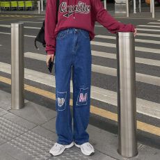 批发非实拍刺绣<b class='q'>牛仔裤</b>女新款<b class='q'>韩版</b>高腰显瘦宽松学生百搭直筒阔腿长裤潮