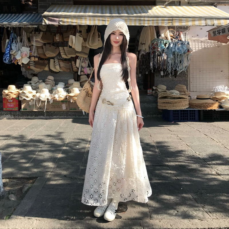 FA35036# 修身搭配腰带设计感长款显瘦重工蕾丝抹胸连衣裙 服裝批發女裝批發服飾貨源