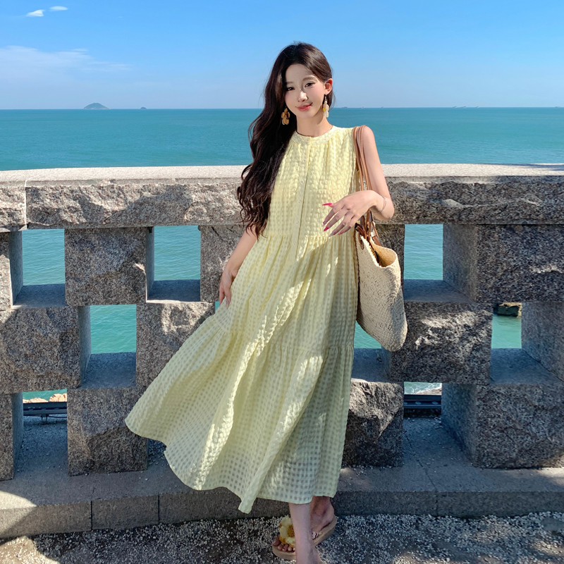 FA35033# 新疆伊犁草原云南旅游多巴胺穿搭黄色氛围感海边度假沙滩连衣裙 服裝批發女裝批發服飾貨源