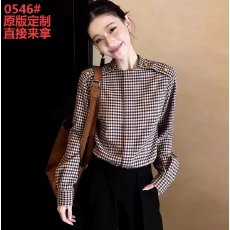 批发巴恩风复古格纹正肩长袖衬衫女2026春季新款气质别致绝美百搭上衣