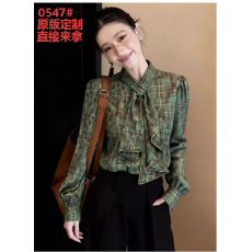 批发氛围感炸街网红通勤风绿色格纹飘带衬衫女长袖轻熟风气质百搭衬衣