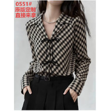 批发法式复古格纹V领绑带衬衫女春季2026新款长袖设计感小众通勤上衣