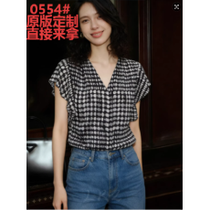批发欧货高级感复古黑色波点设计感小飞袖V领气质简约气质时尚上衣